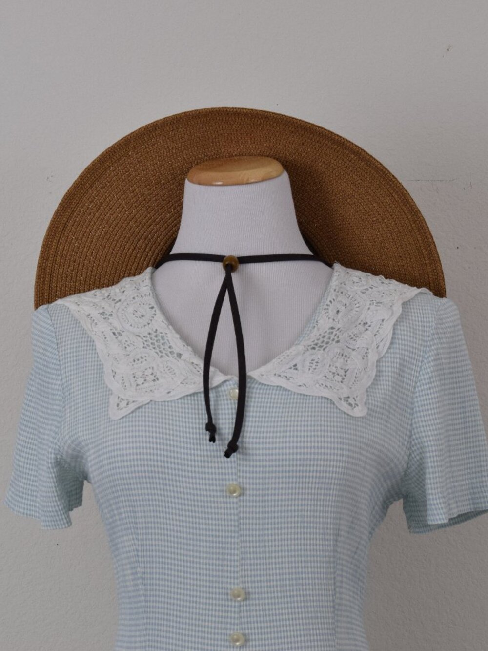 Vintage 90s Light Blue Checkered Sersucker Dress by Nina Piccalino